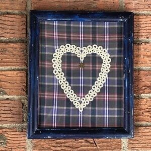 Framed Handmade Vintage Tatted Open Heart & 4 Leaf Clover on Blue Plaid Fabric